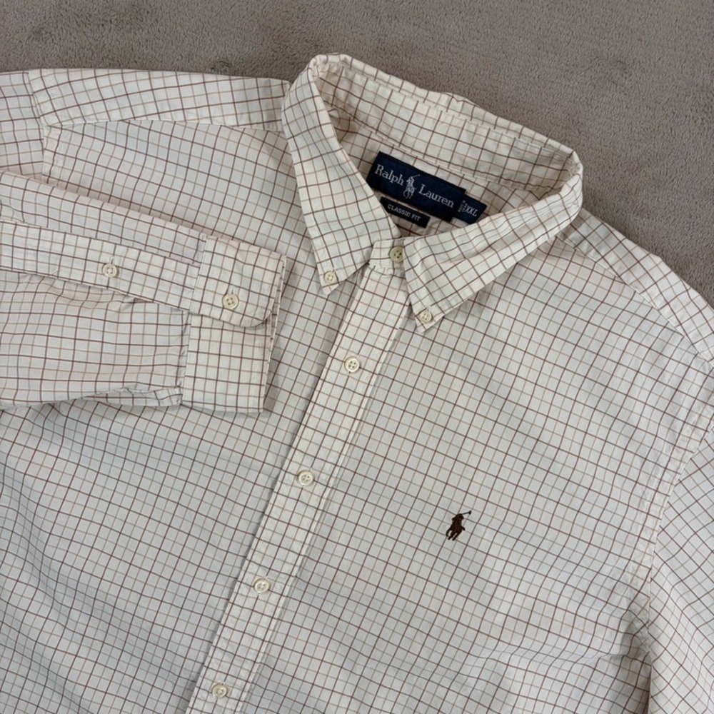 Polo Ralph Lauren Classic Fit Oxford‎ Shirt in White Brown Check Men 2XL Pony